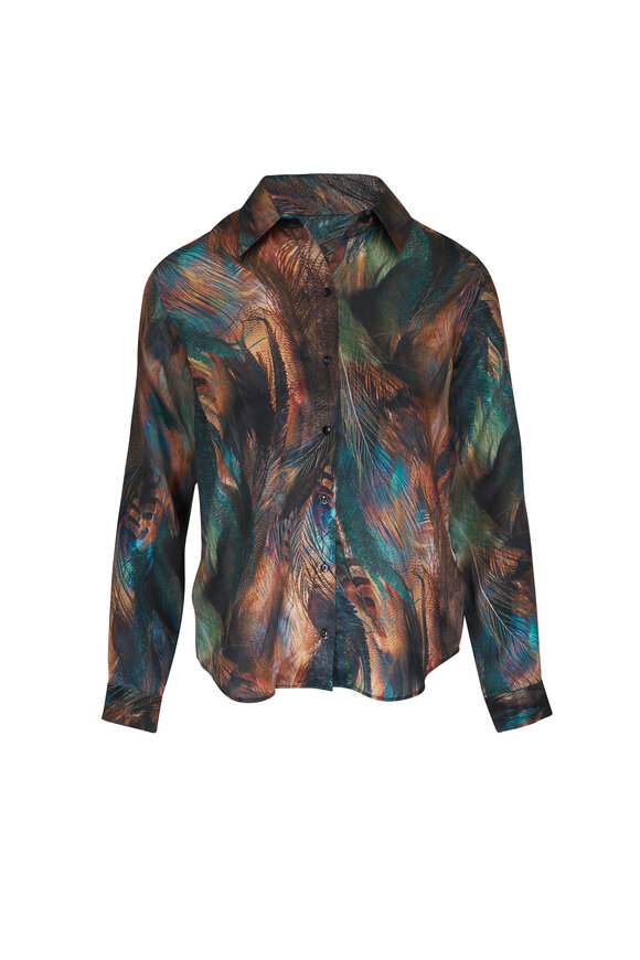 L'Agence Tyler Teal Feather Print Silk Blouse