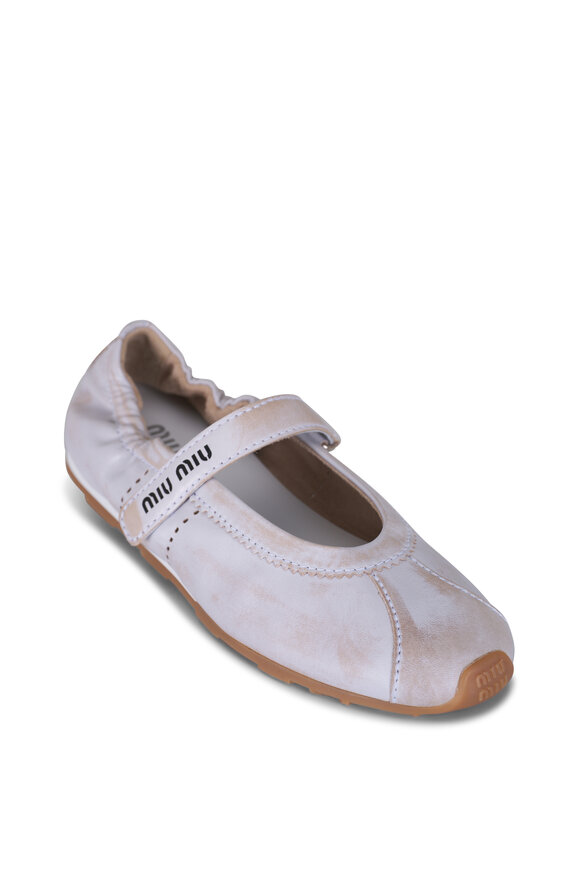 Miu Miu Plume White Distressed Leather Flat