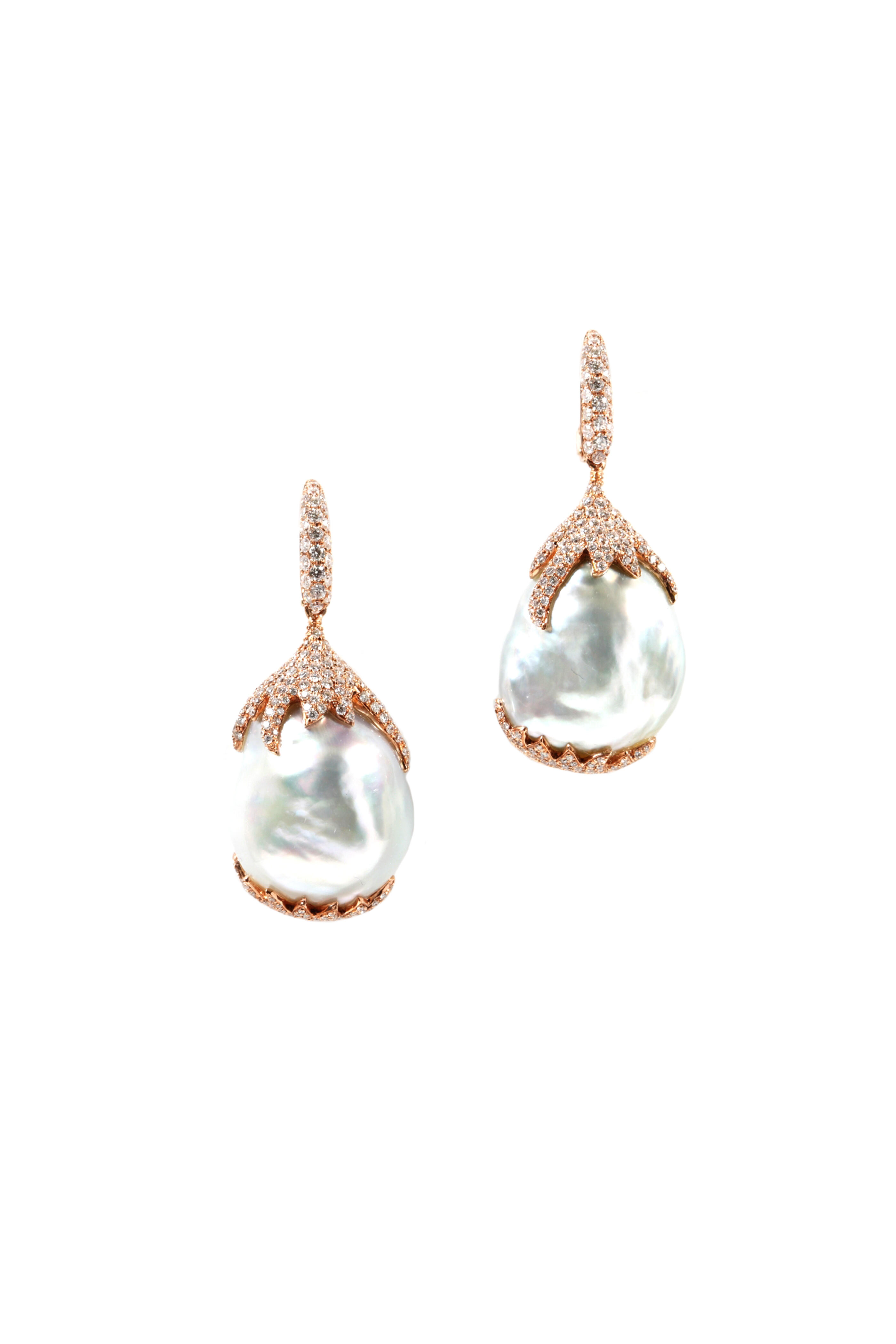 Assael Pink Gold South Sea Baroque Pearl Diamond Earrings
