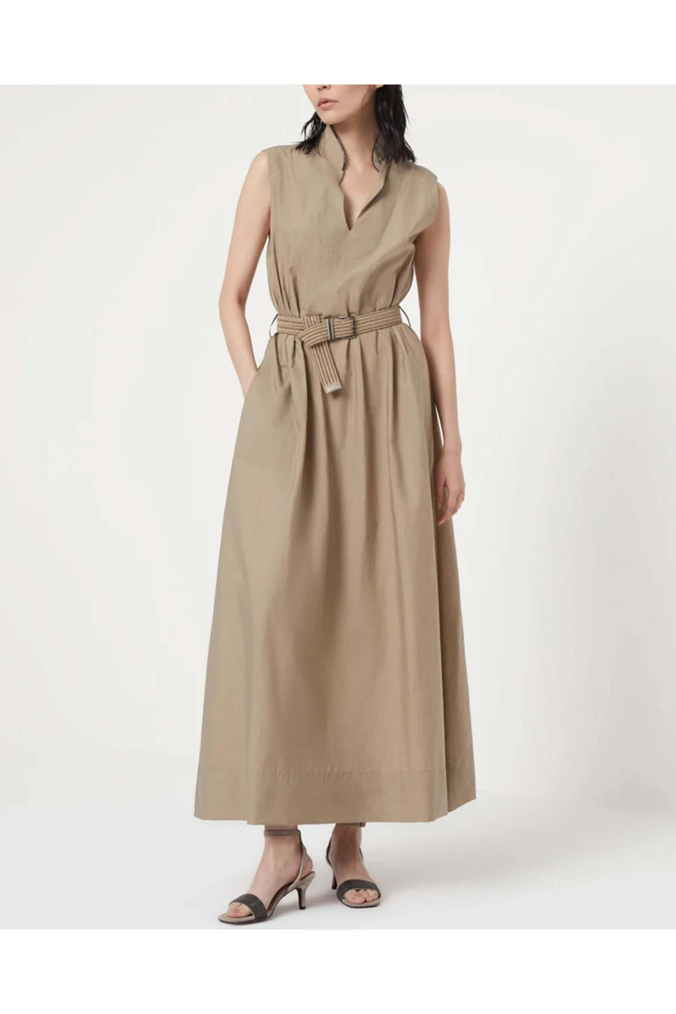 Brunello Cucinelli - Dark Beige Sleeveless Belted Midi Dress