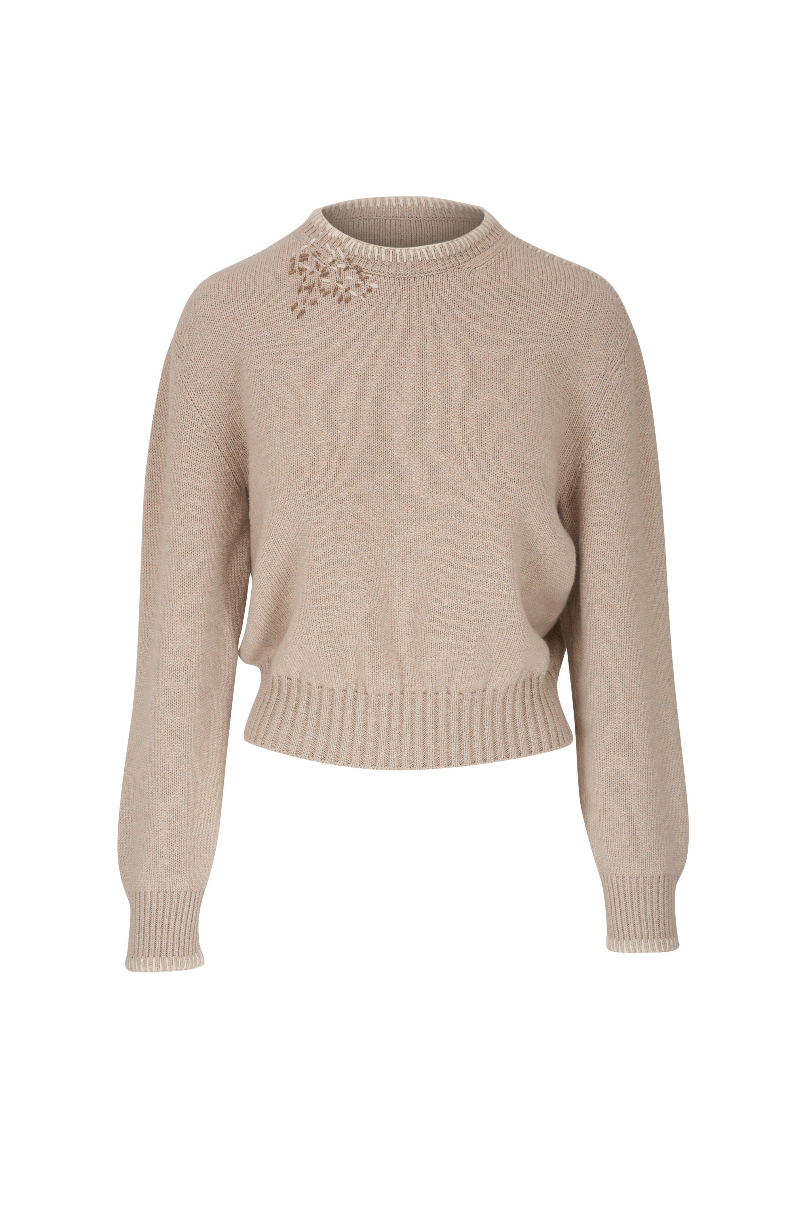 Loro Piana - Embroidered Beige Crew Neck Sweater
