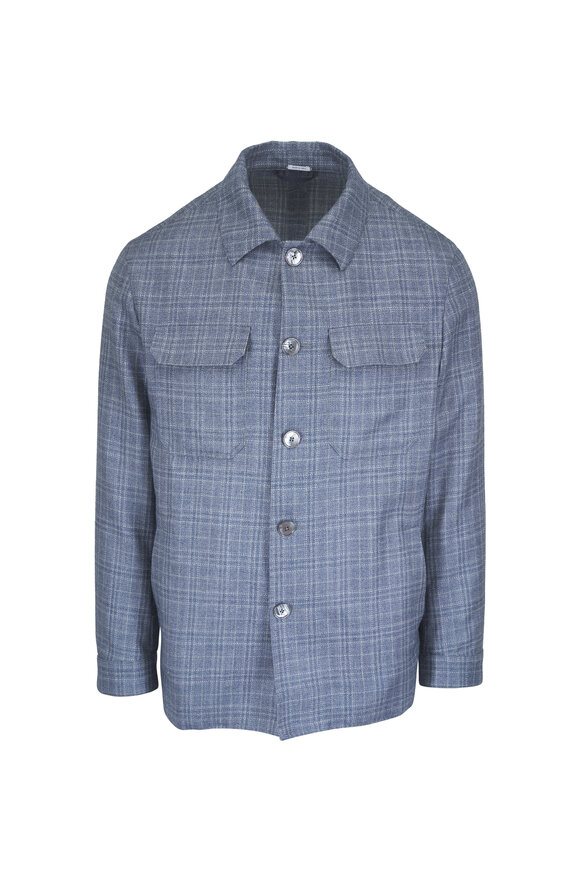 Atelier Munro Light Blue Check Wool, Silk & Linen Overshirt - view 1