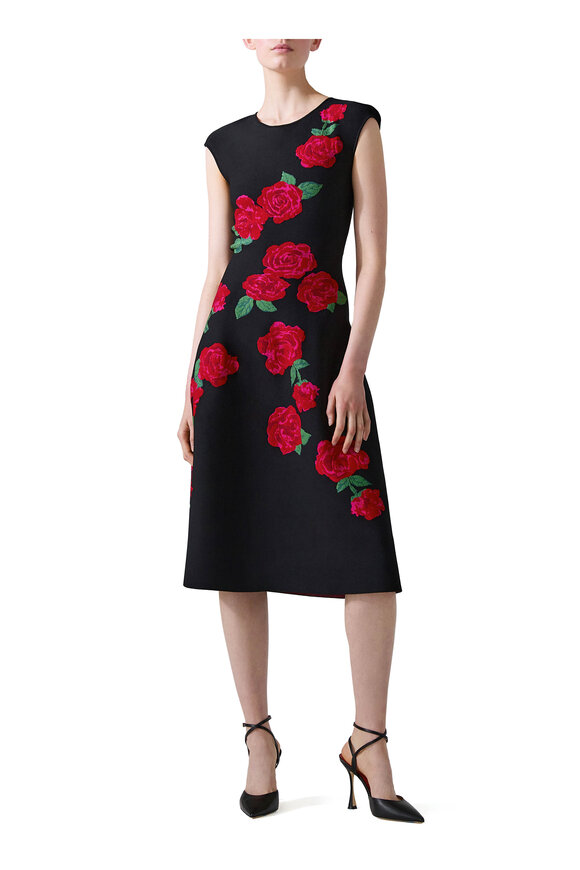 Carolina Herrera - Black Floral Jacquard Knit Knee-Length Dress