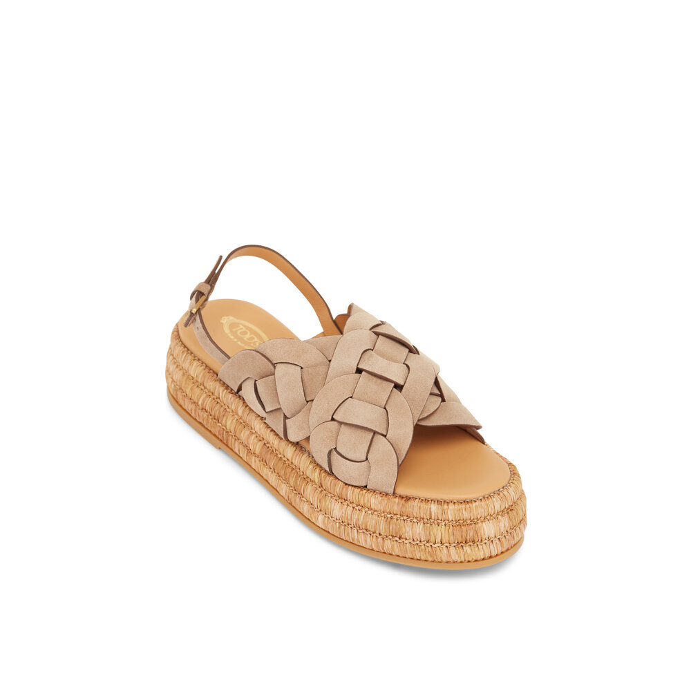 セール★Tod's SAND RAFIA Tod's - Brown Suede Raffia Platform Sandal | Mitchell Stores