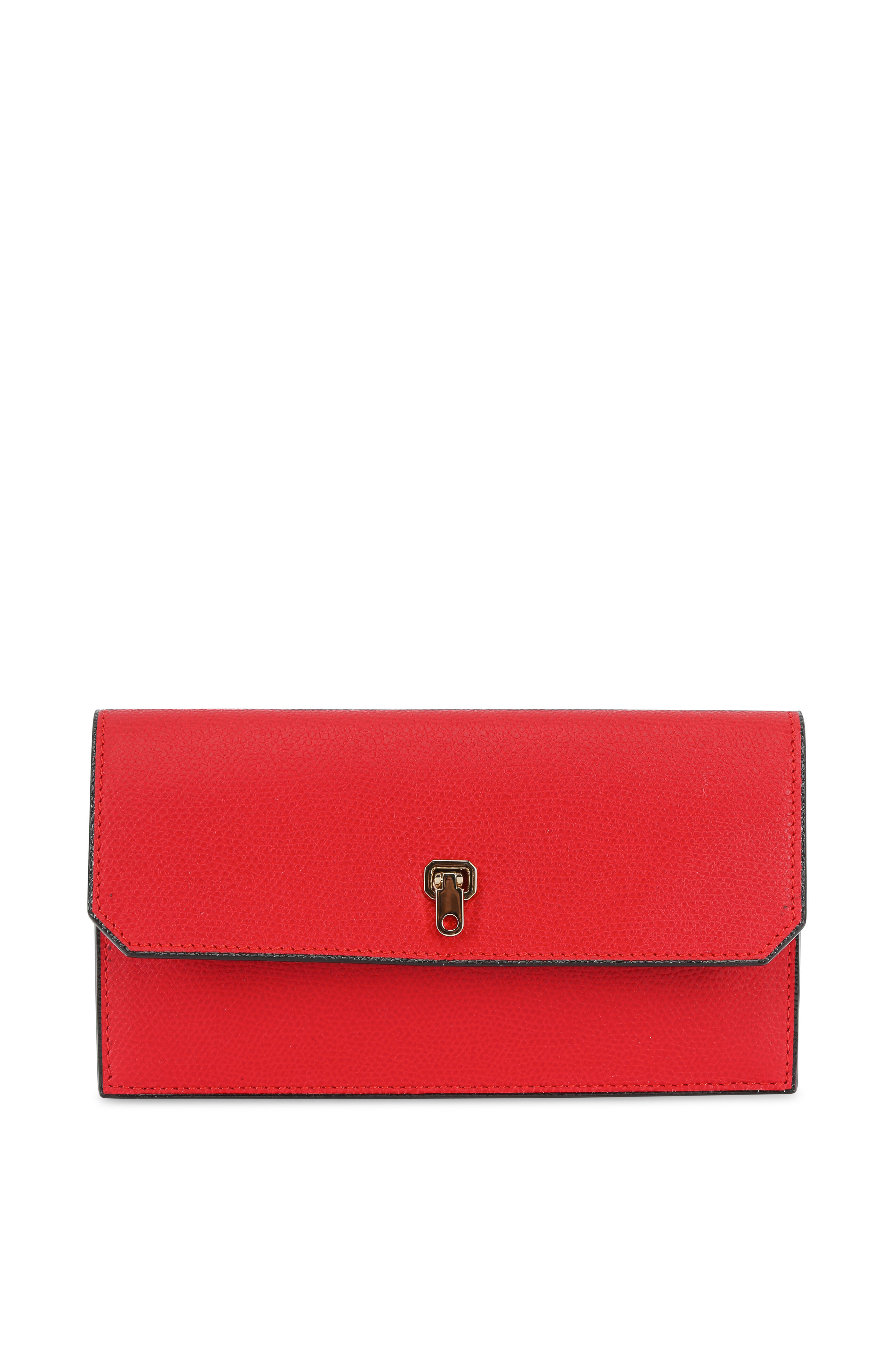 Valentino Red Saffiano Leather Rockstud Twist Lock Zip Wallet