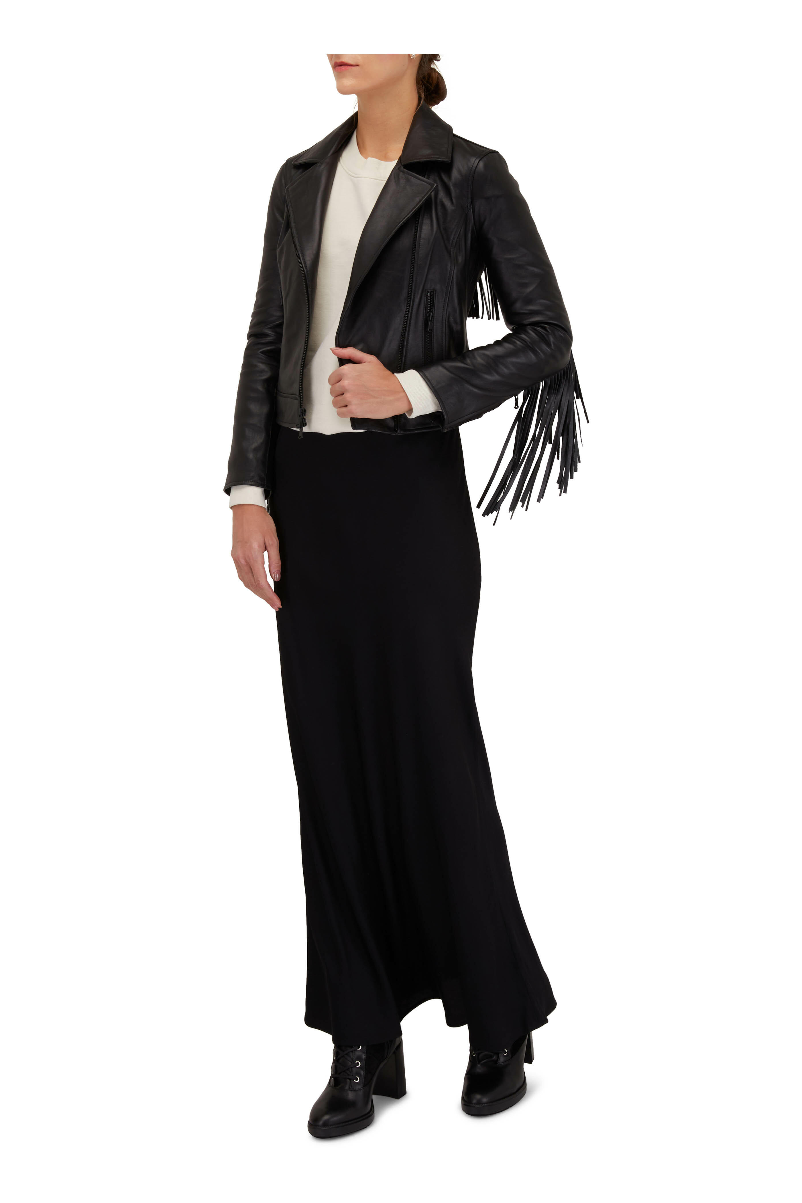 Bagatelle Fringe Trim Leather Bomber Jacket Black, $311, Last Call by  Neiman Marcus