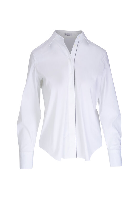 Brunello Cucinelli - White Cotton Poplin Monili Button Down Shirt 