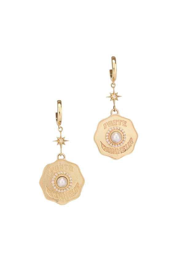 Marlo Laz 14k Yellow Gold Porte Bonheur Coin Pearl Earrings - view 1