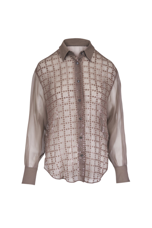 Brunello Cucinelli Light Brown Embroidered Crispy Silk Chiffon Top - view 1