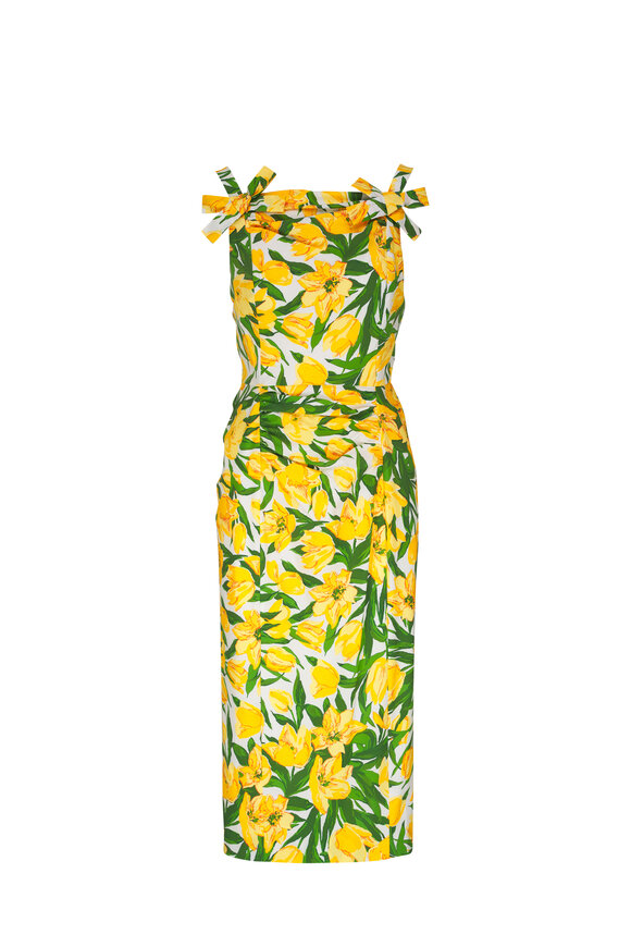 Carolina Herrera Floral Multicolor Thin Strap Bow Midi Dress 