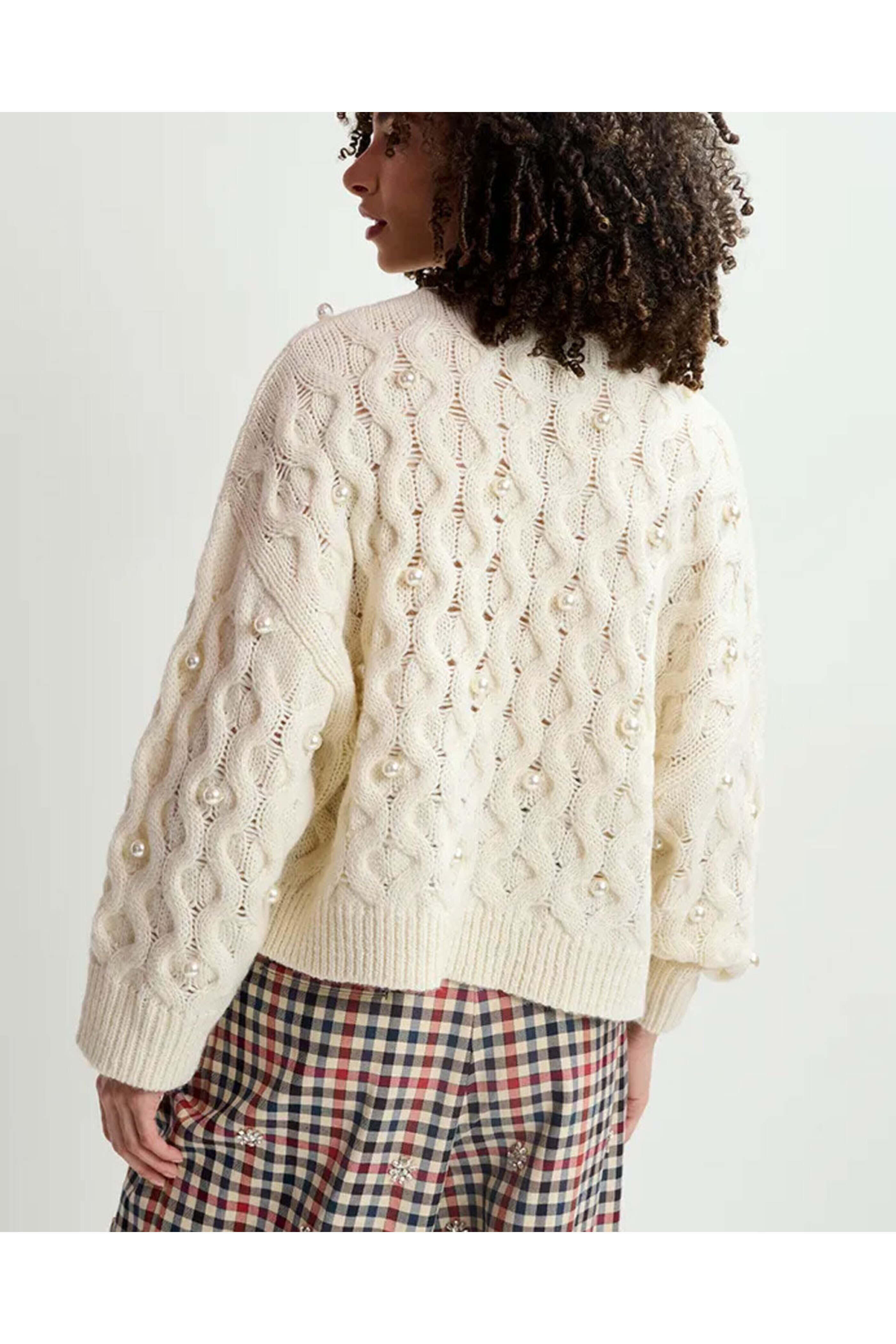 Essentiel Antwerp - Off White Pearl Embellished Cable Knitted Sweater