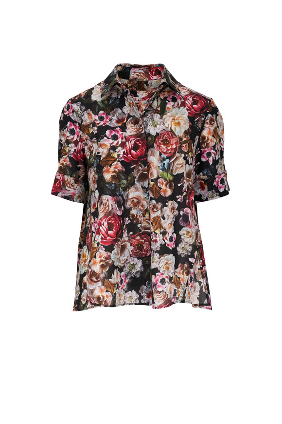 Adam Lippes Black Floral Trapeze Printed Voile Blouse 
