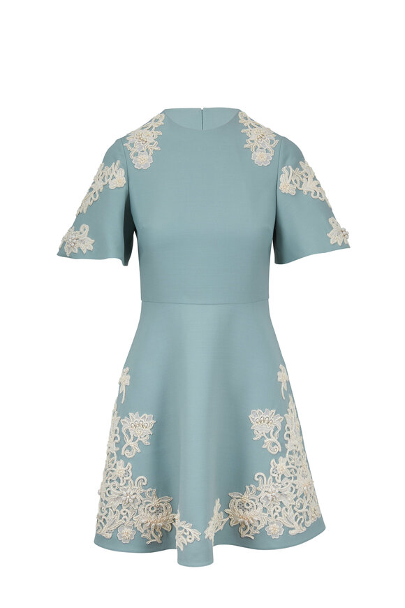 Valentino Dew Crepe Couture Embroidered Bell Sleeve Dress