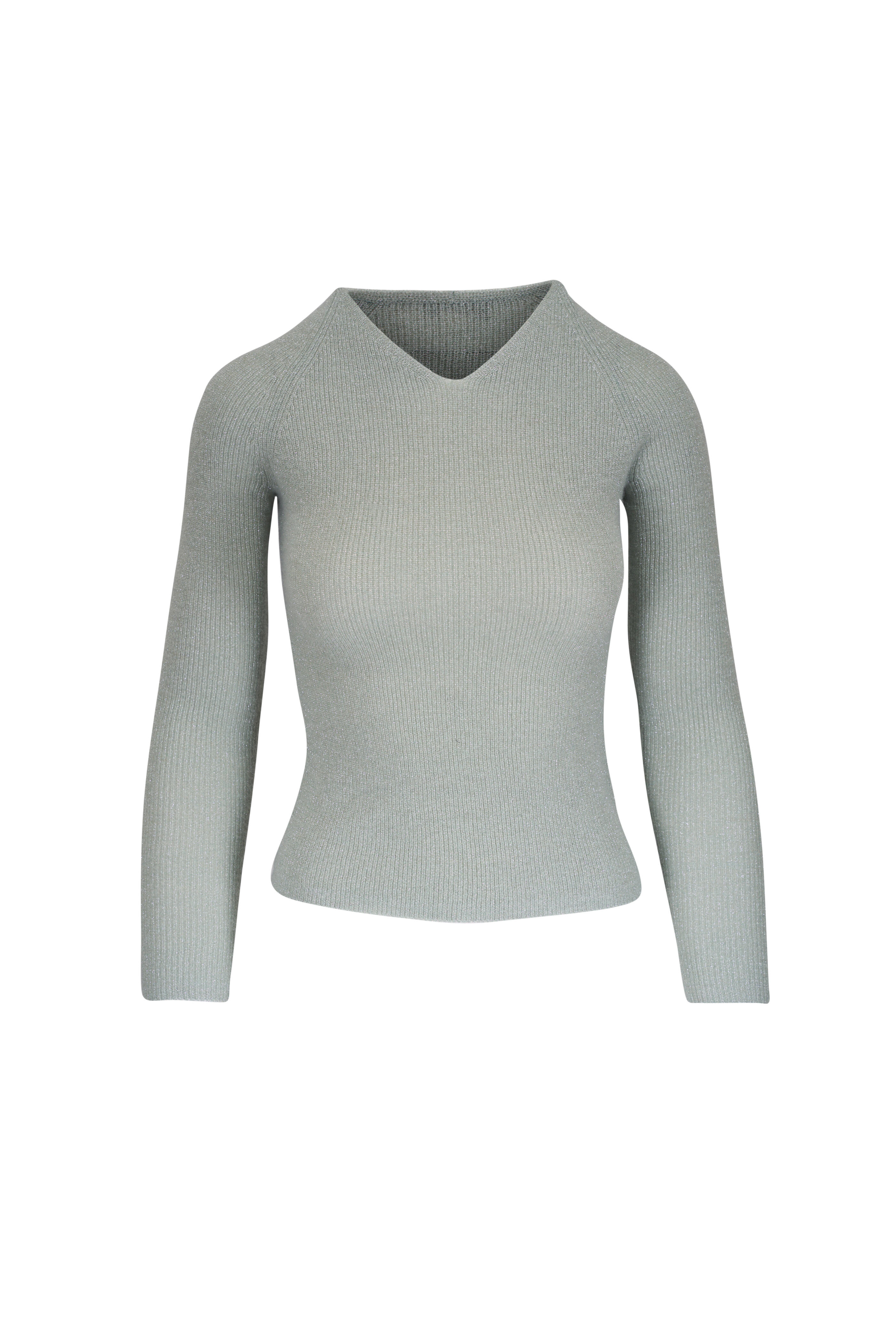 Vince - Aloe Metallic Ribbed High V-Neck Sweater
