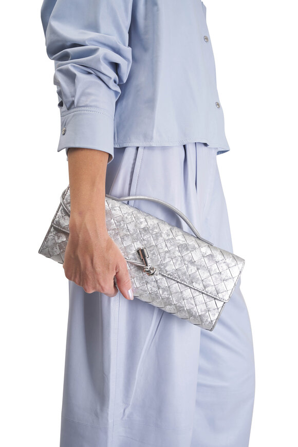 Bottega Veneta Andiamo Silver Metallic Woven Leather Clutch - view 2