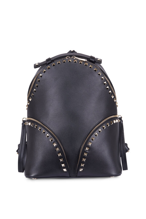 Valentino Garavani - Rockstud Black Smooth Leather Backpack  