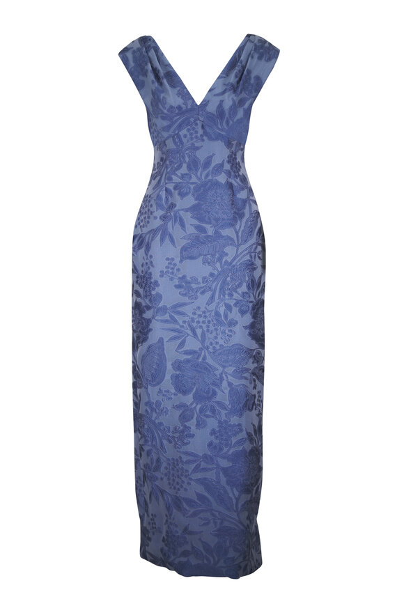 Lela Rose Floral Bluebell Multi Fil Coupé V-Neck Gown - view 1