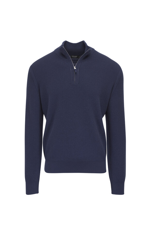 【美品】MONCLER スウェット ネイビー Moncler - Navy Blue Jersey Cotton Quarter Zip Pullover
