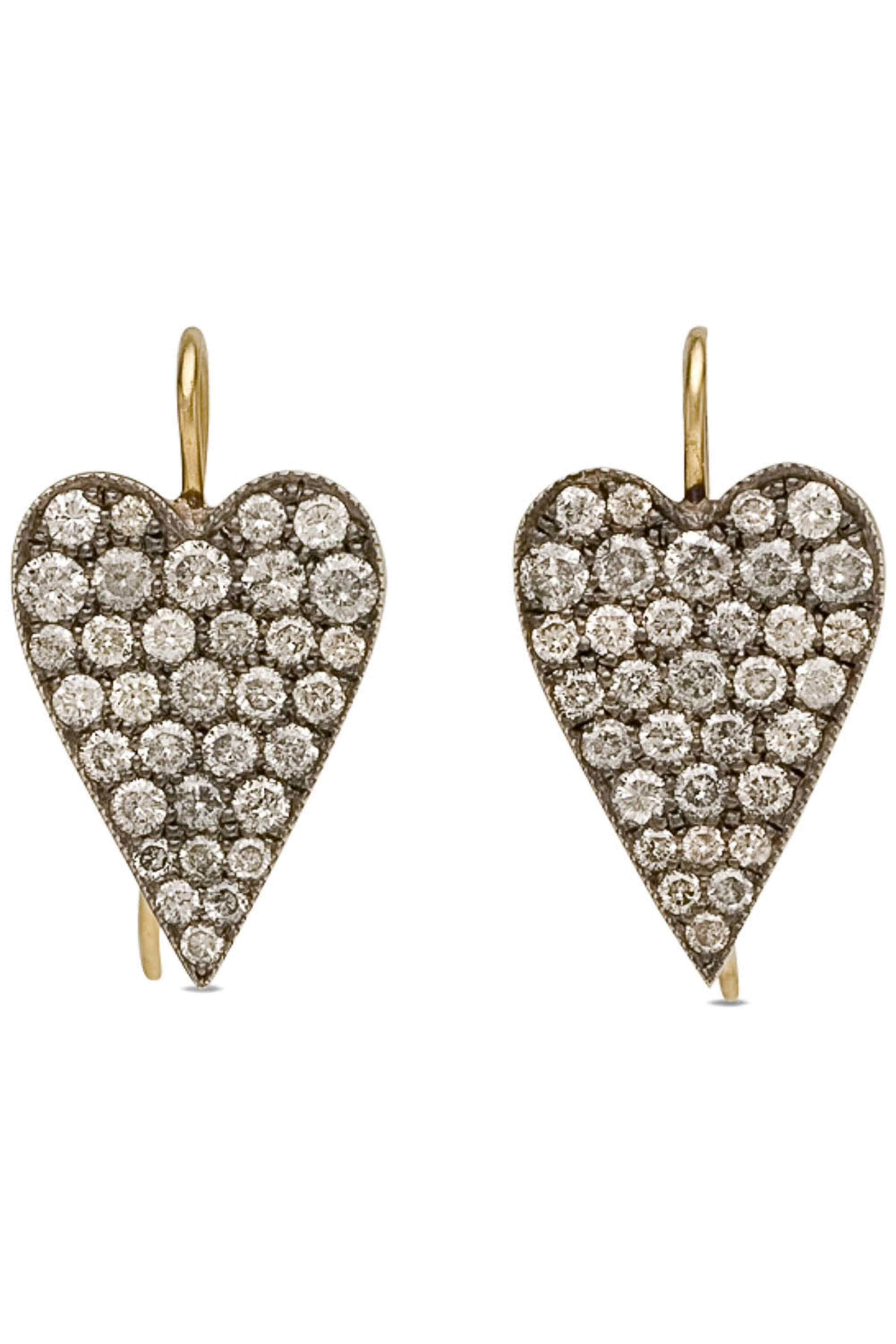 Sylva & Cie - Yellow Gold Grey Diamond Ten Table Heart Earrings