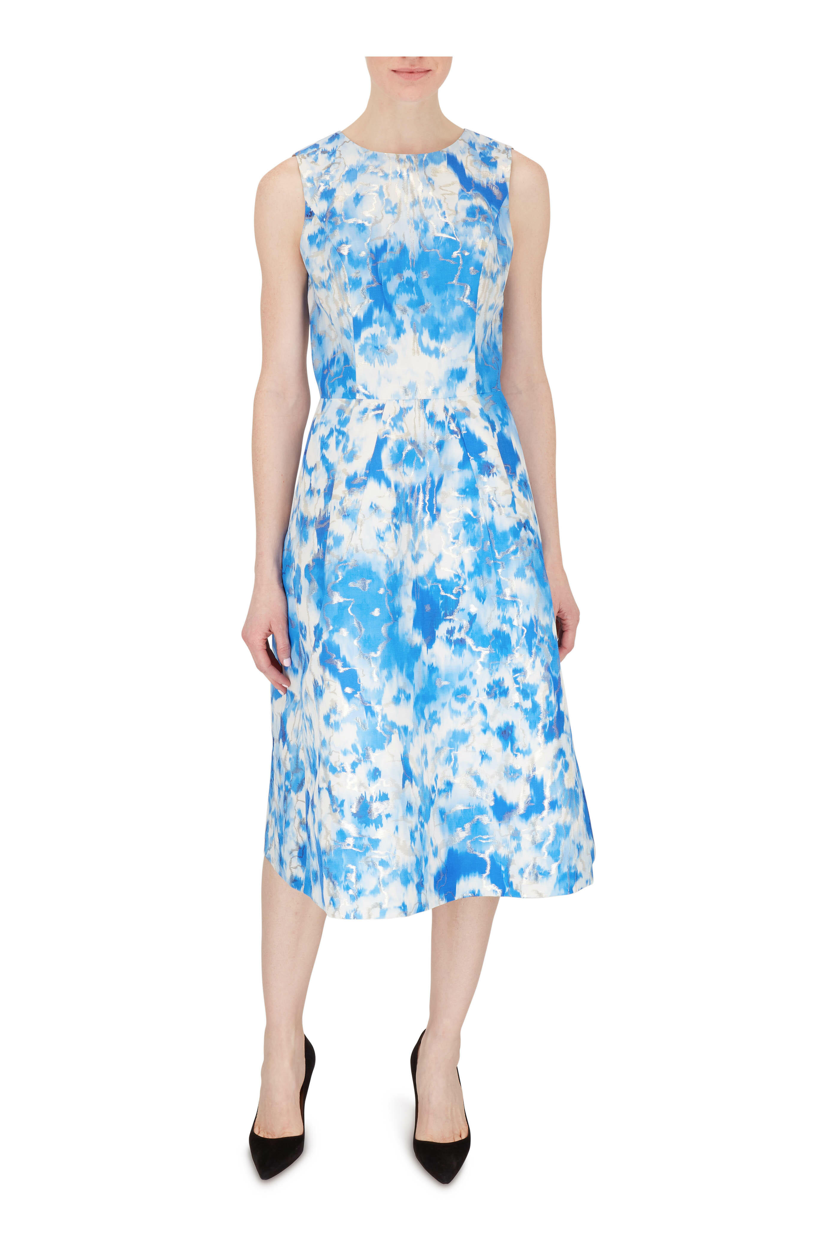 Carolina Herrera - Frida Blue & Ivory Metallic Sleeveless Dress