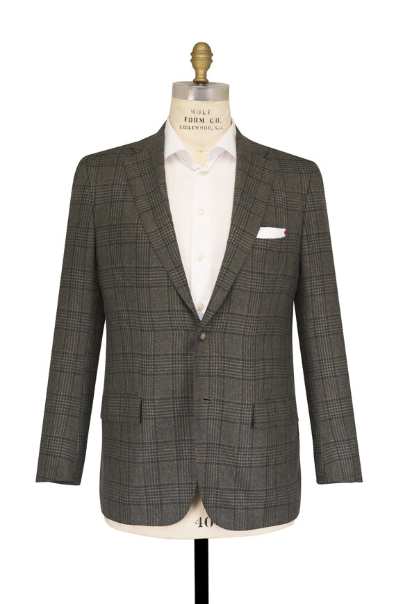 Kiton Olive Prince Of Wales Cashmere Sportcoat - view 3