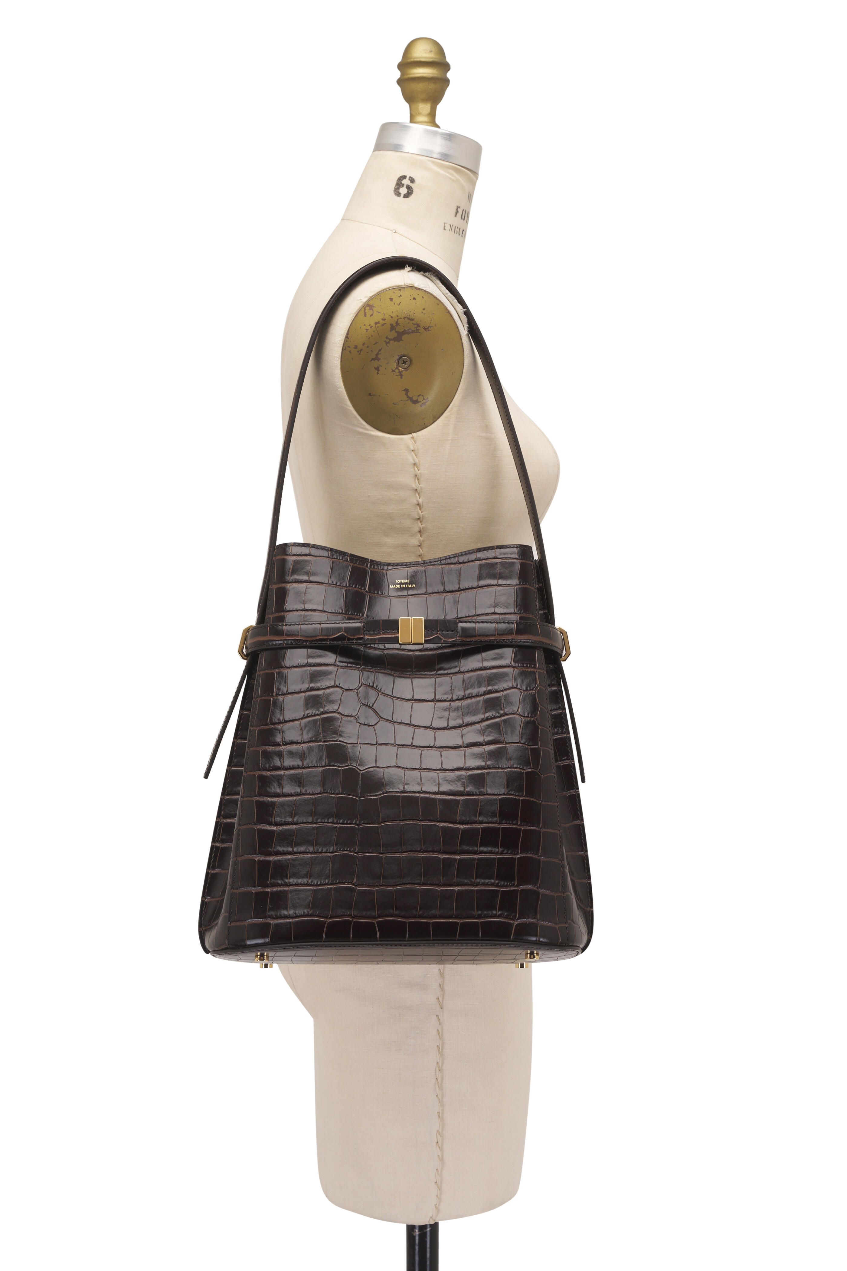 Totême - Belted Dark Brown Crocodile Embossed Bucket Bag