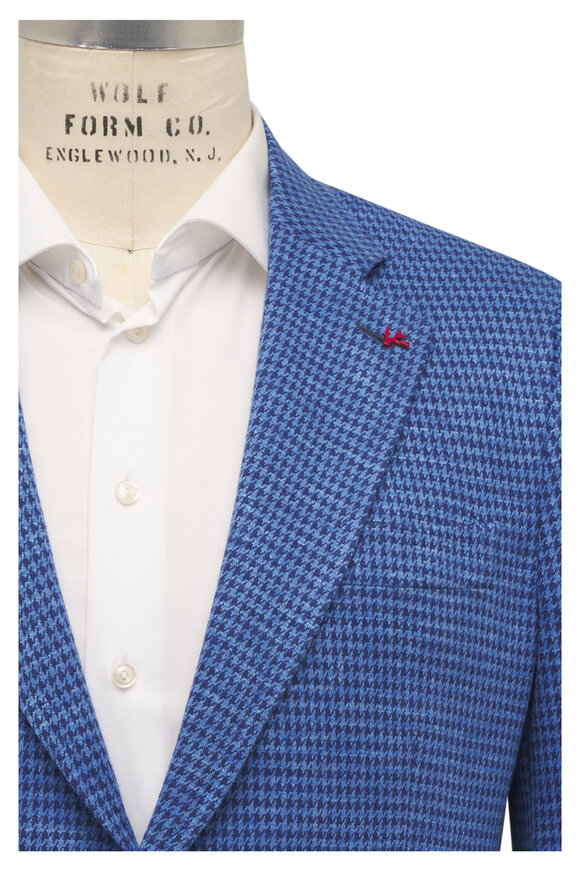 Isaia Blue Houndstooth Wool, Silk & Linen Sportcoat