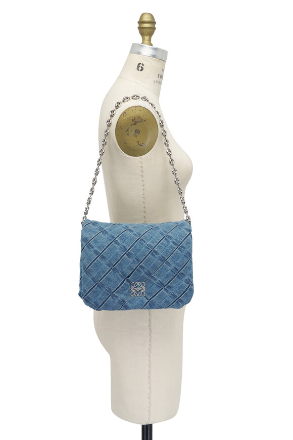 Loewe - Goya Pleated Light Blue Washed Denim Shoulder Bag