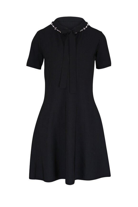 Valentino Black Jeweled Tie Neck Short Sleeve Mini Dress - view 1