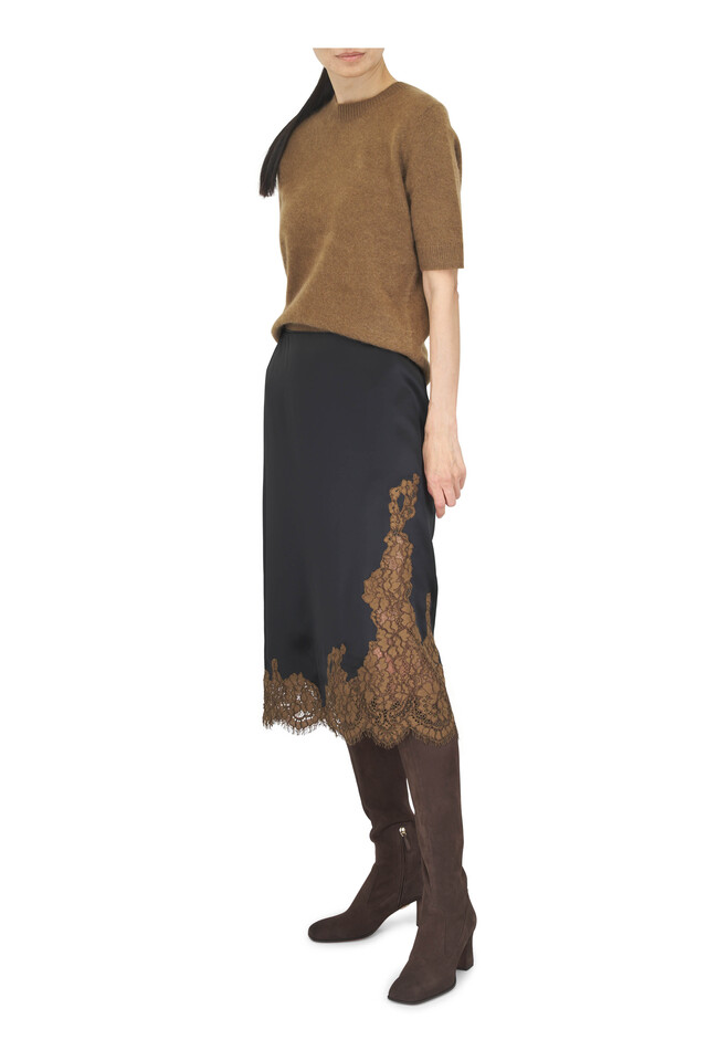 Designer outfit featuring Carla Cafe Brown Suede Tall Boot, 65mm, Shiny Statement Black Lace Embellished Skirt and 1 other piece