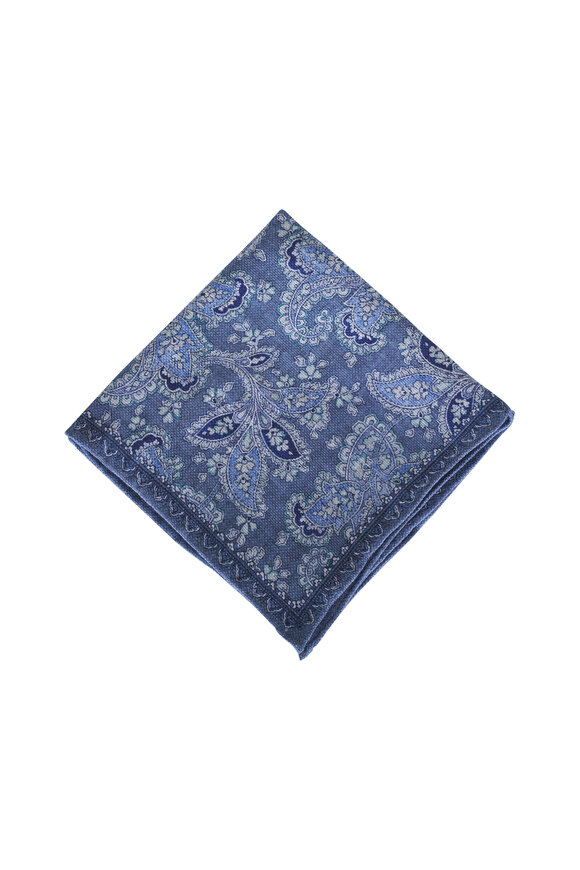 Brunello Cucinelli Denim Floral Print Linen & Silk Pocket Square