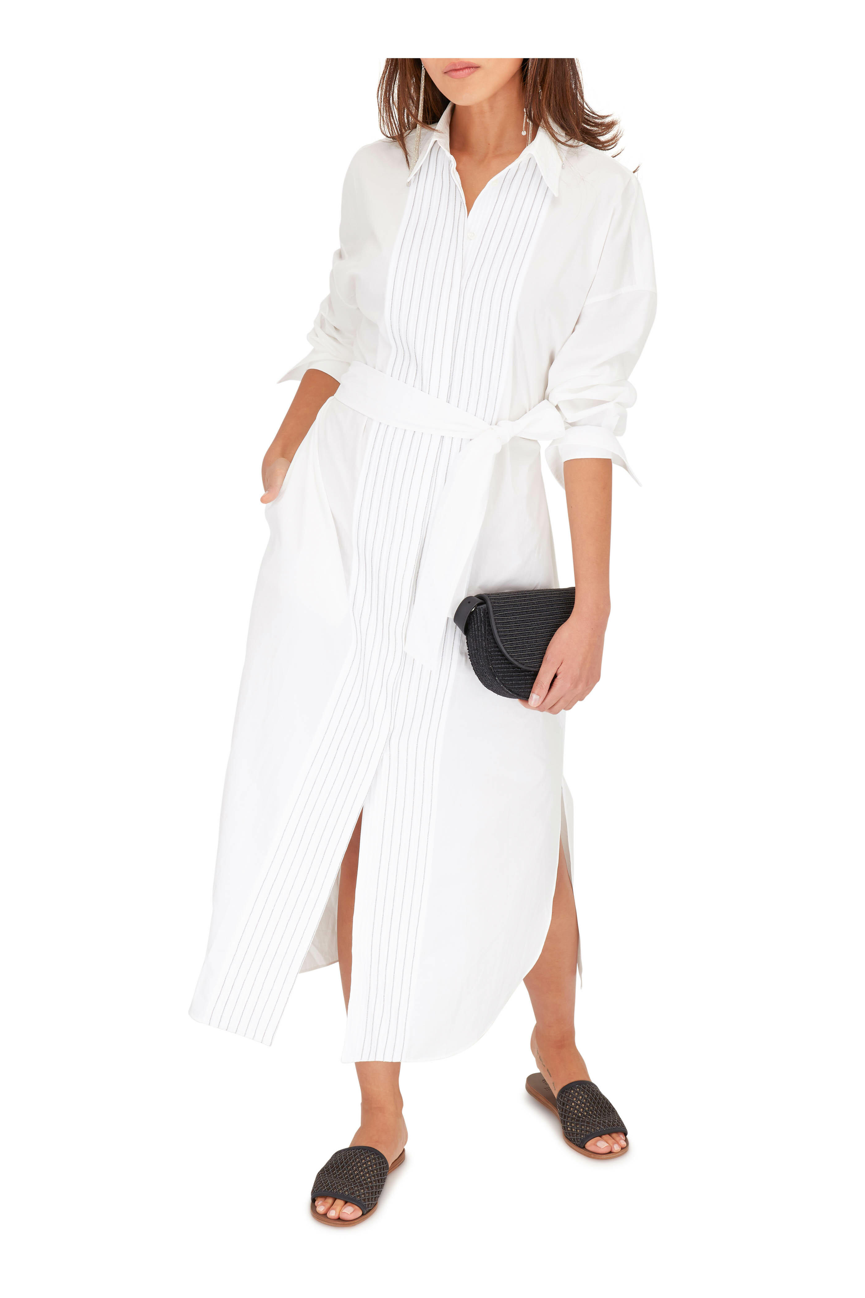 Brunello Cucinelli Crinkled Cotton Long-Sleeve Belted Shirt Dress White