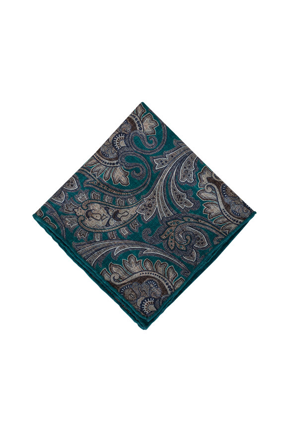 Kiton - Teal Medallion Print Silk Pocket Square