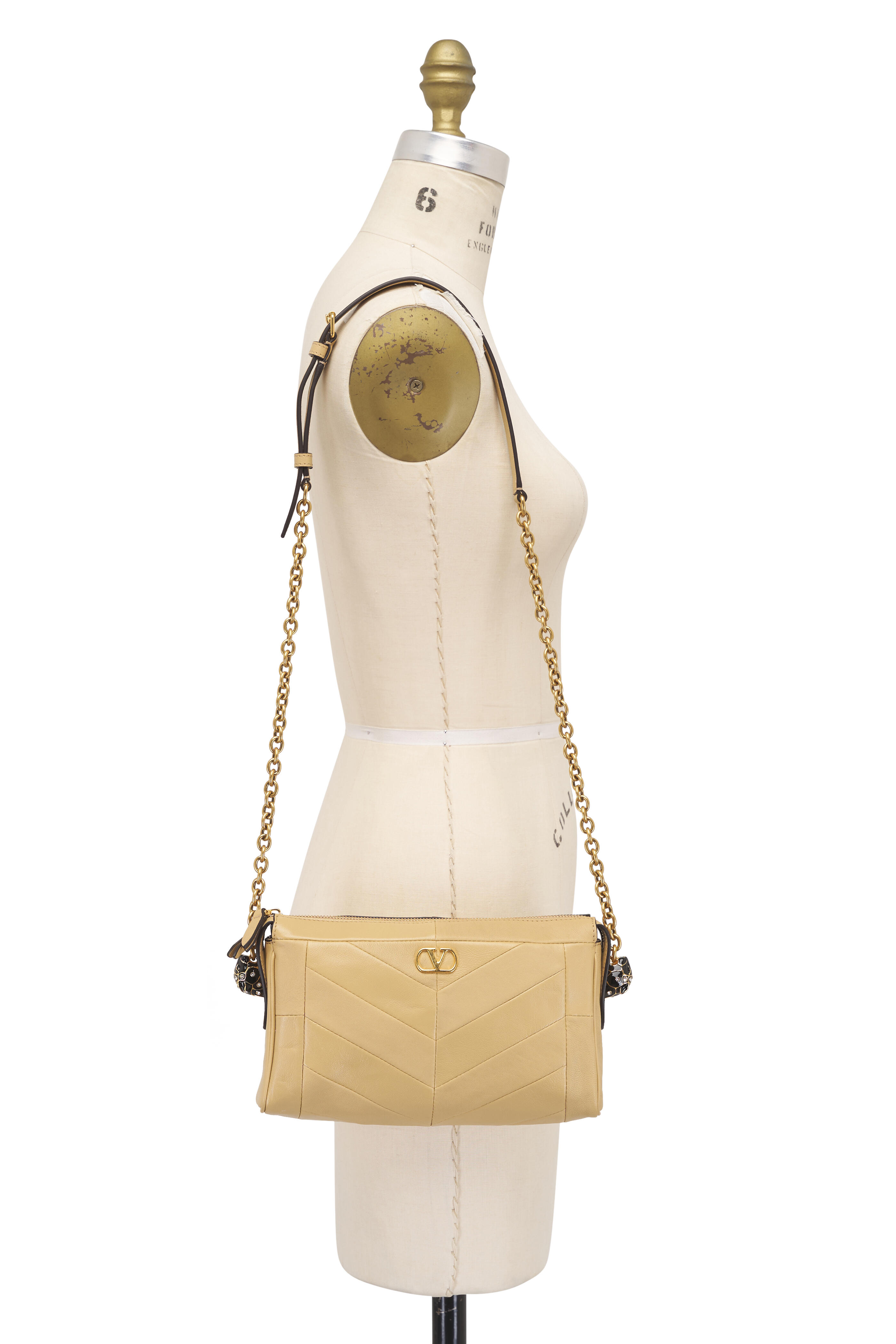 Valentino Garavani - Small Panthea Gold Beige Leather Crossbody Bag