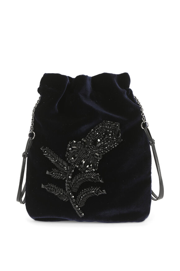 Prada Navy Blue Velvet Crystal Embroidered Pouch - view 1