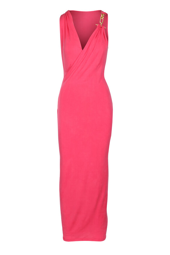 Balmain Fuchsia Chain-Strap Draped Jersey Ankle Dress
