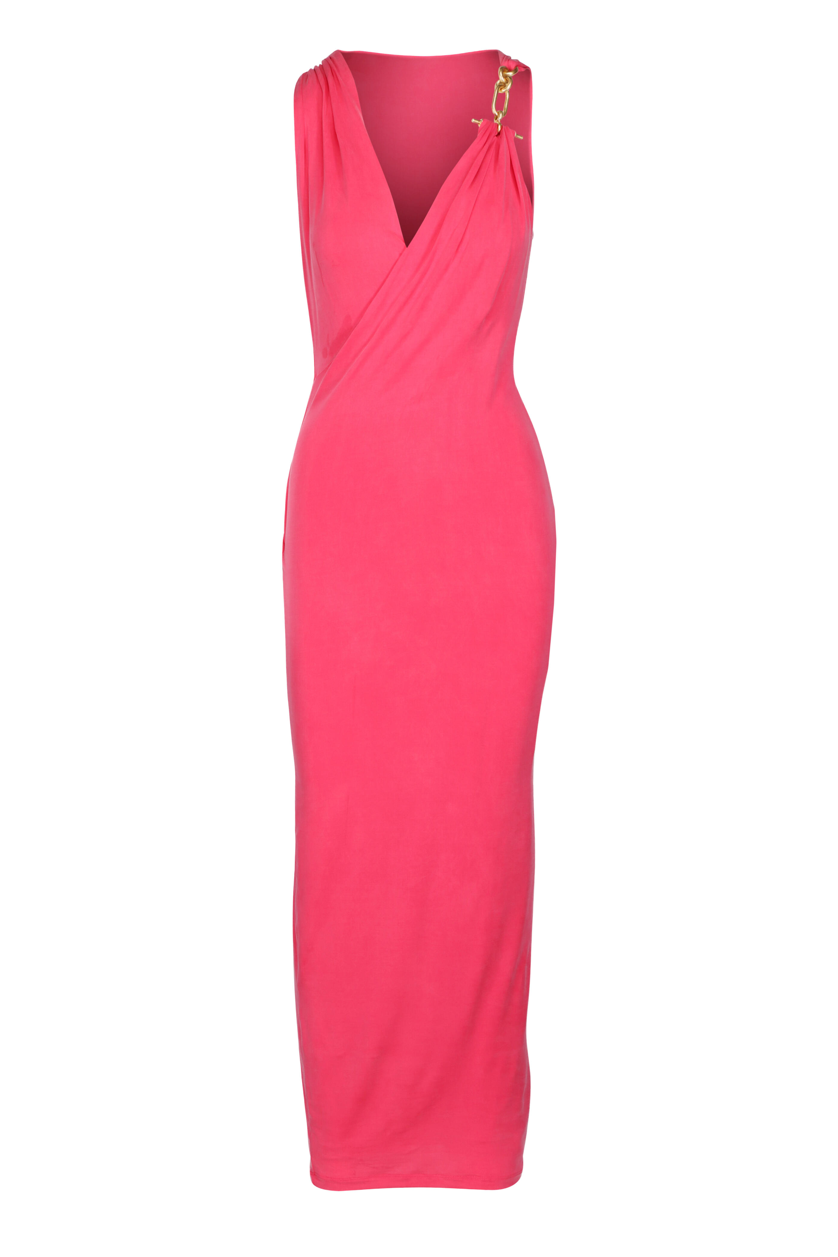 Balmain - Fuchsia Chain-Strap Draped Jersey Ankle Dress