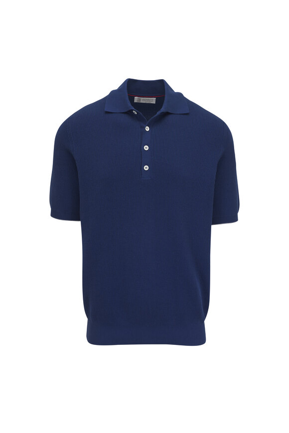 Brunello Cucinelli Blue English Ribbed Cotton Polo