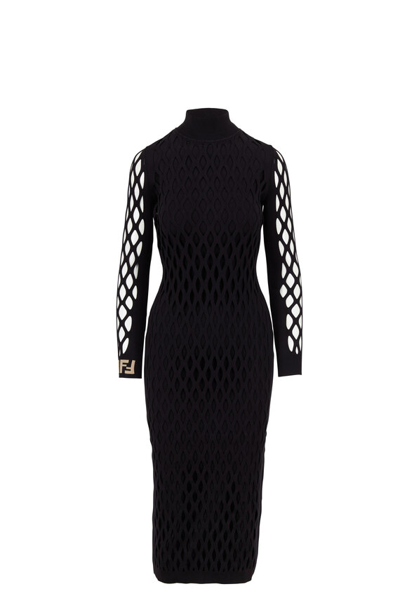 Fendi - Black Knit Open Weave Layered Long Dress