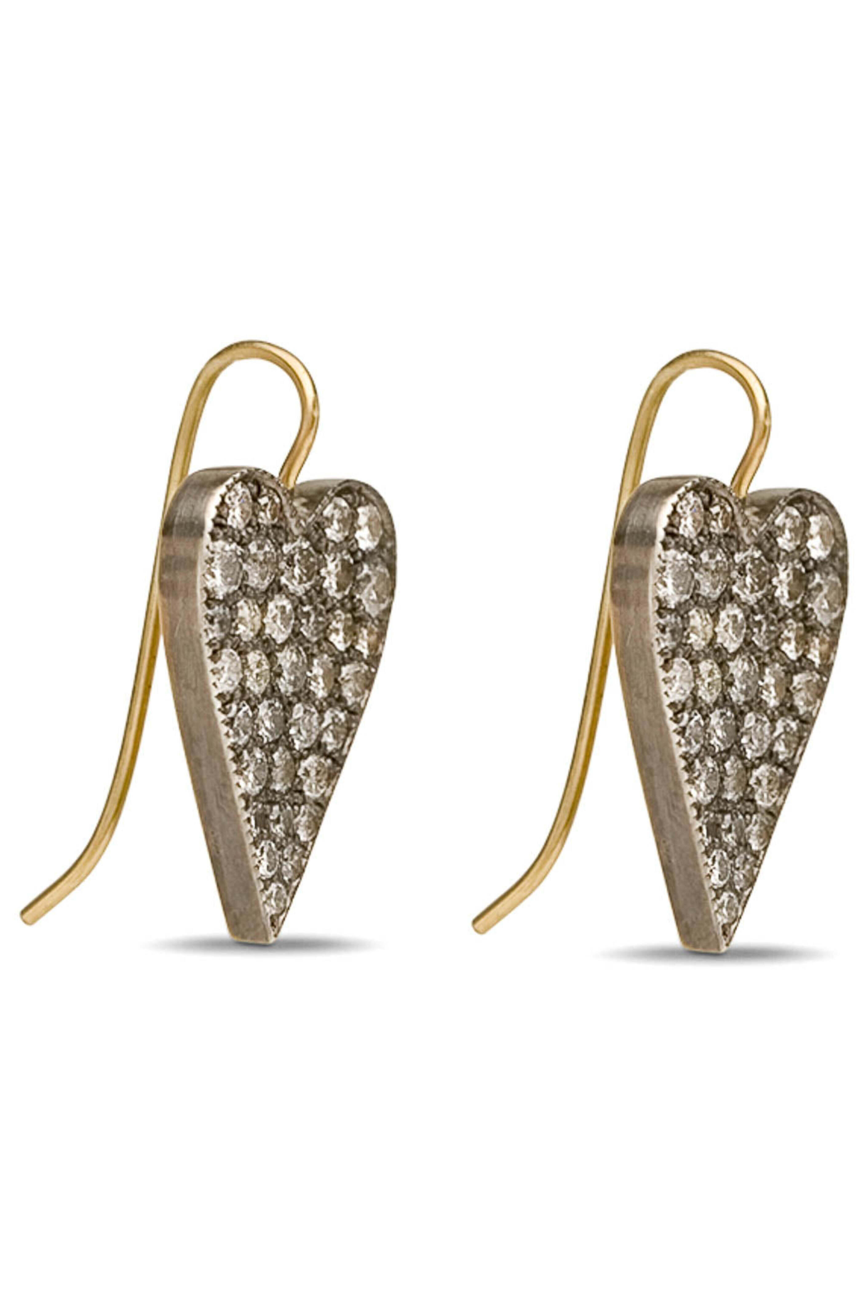 Sylva & Cie - Yellow Gold Grey Diamond Ten Table Heart Earrings