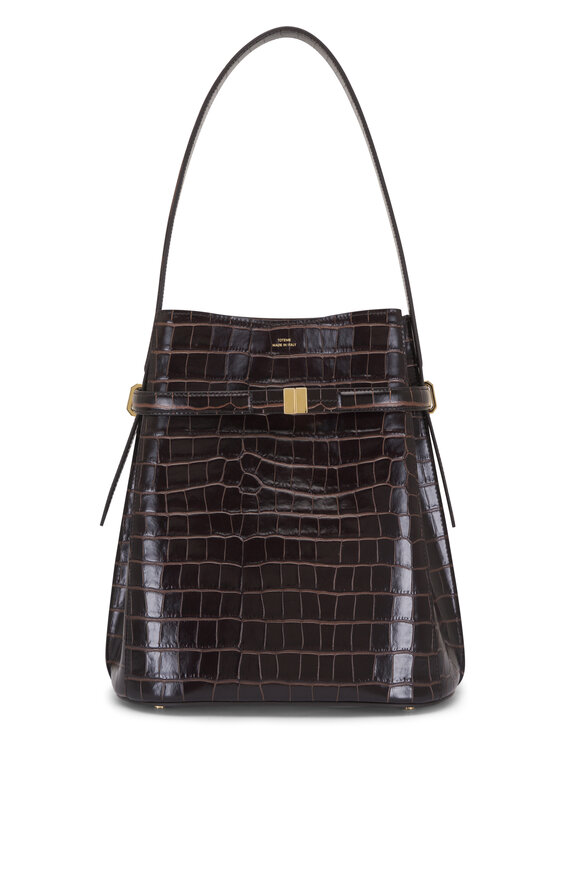 Totême Belted Dark Brown Crocodile Embossed Bucket Bag