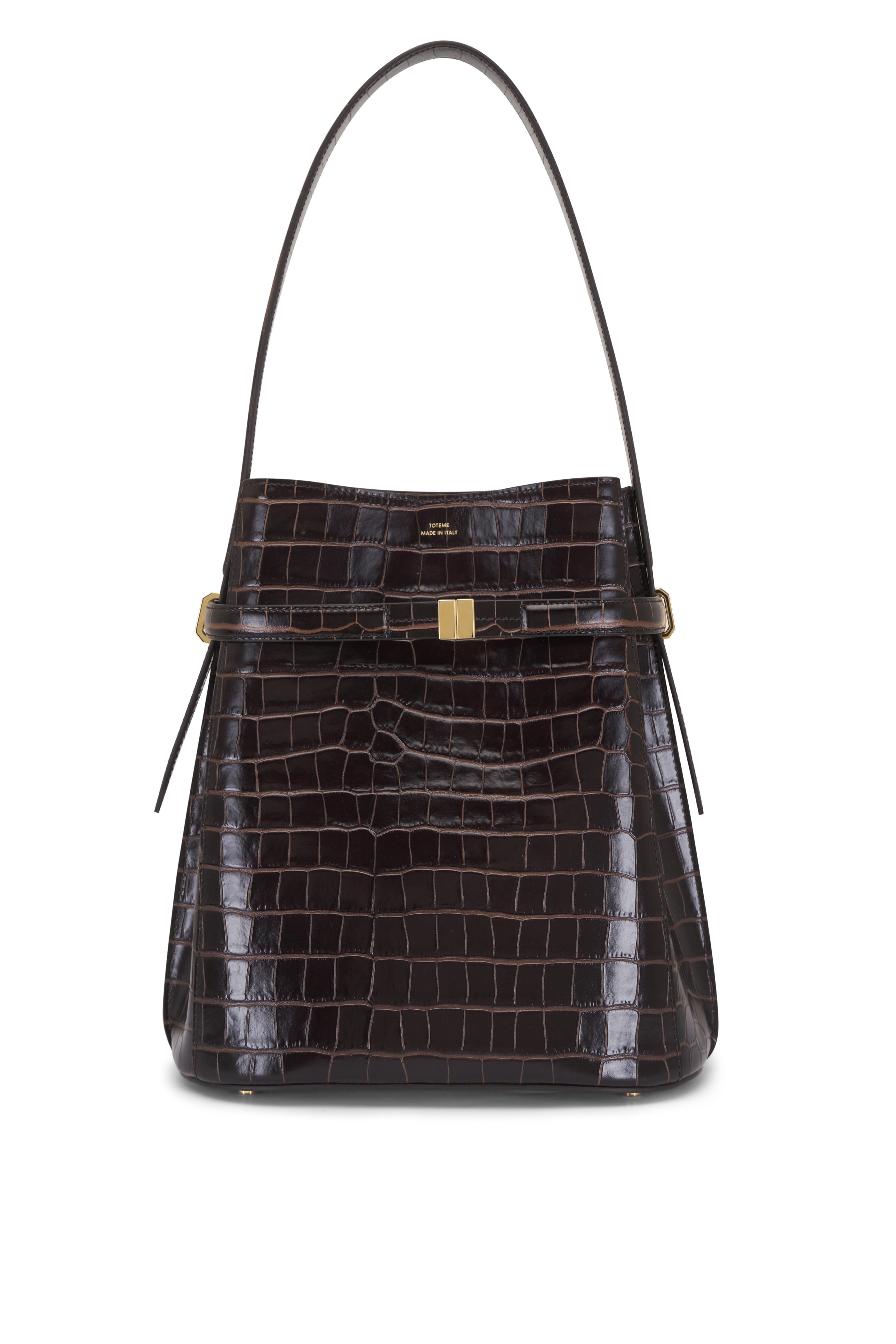Totême - Belted Dark Brown Crocodile Embossed Bucket Bag