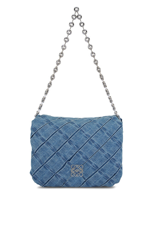 Loewe - Goya Pleated Light Blue Washed Denim Shoulder Bag