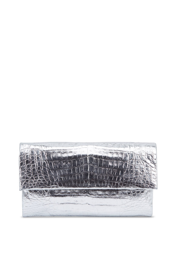 Nancy Gonzalez - Metallic Silver Crocodile Small Envelope Clutch  