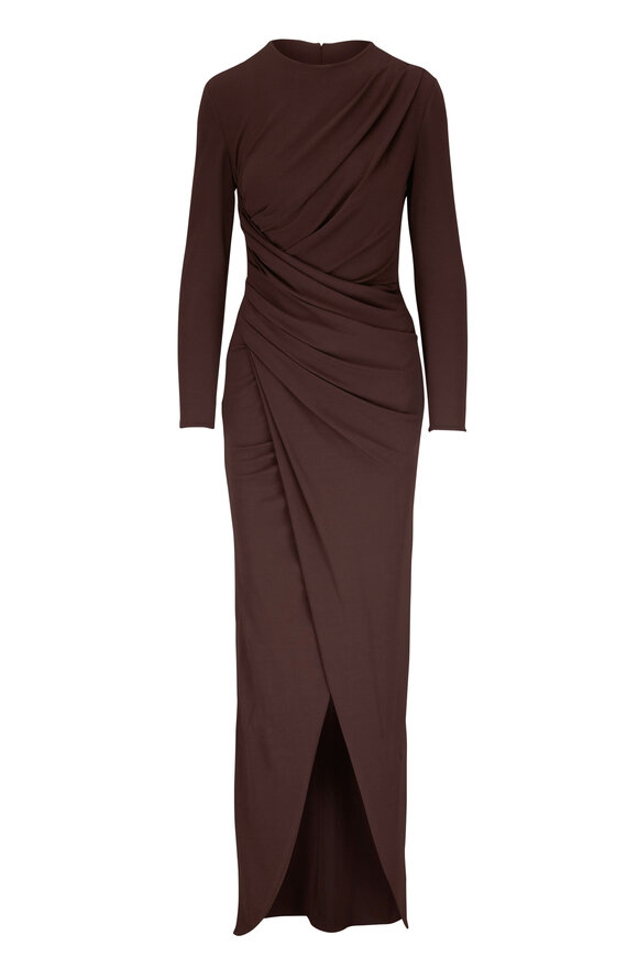 Michael Kors Collection - Ruched Solid Chocolate Long Sleeve Gown