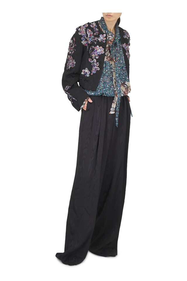 Designer outfit featuring Petrol Mini Marbled Clay Print Silk Blouse and Marcella Black Suede Boot, 75mm