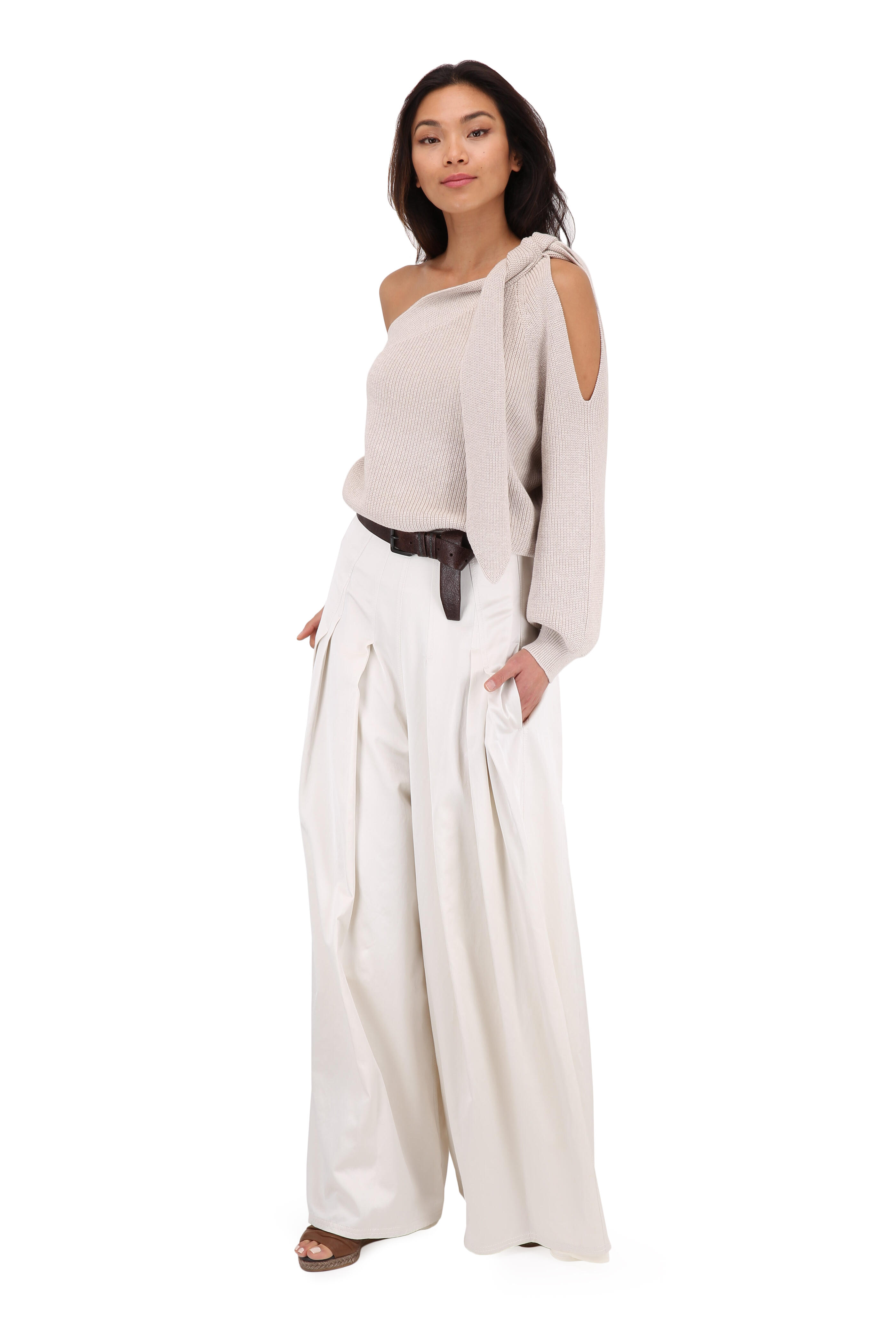Brunello Cucinelli - White Satin Pleated Extreme High-Waist Pant