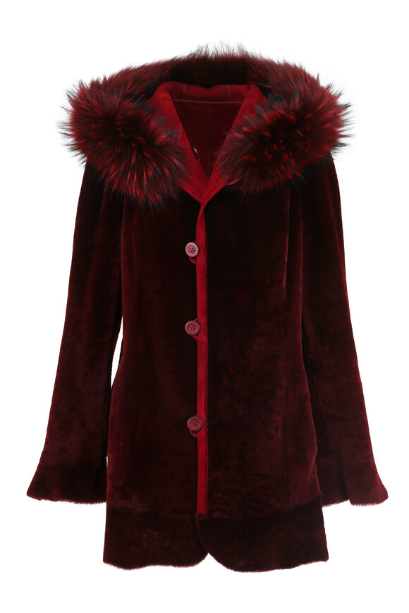 Viktoria Stass - Cranberry Shearling Coat With Fur Trim Hood