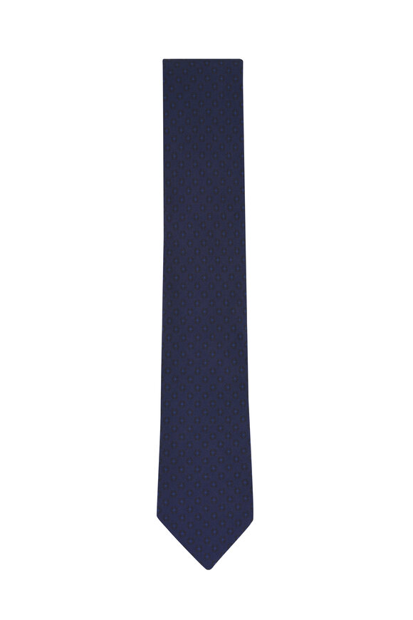 Zegna Navy Blue Geometric Print Silk Necktie - view 1