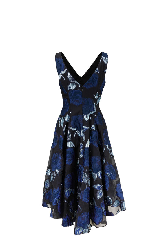 Lela Rose - Black & Navy Metallic Floral V-Neck Dress